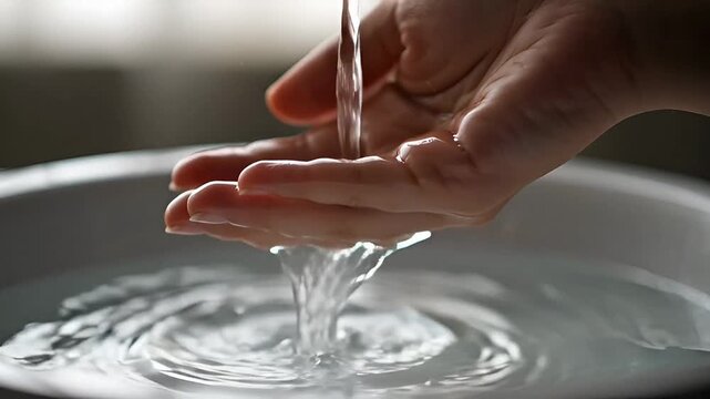 Cinematic macro close-up of clear water flowing gently over hands during ablution