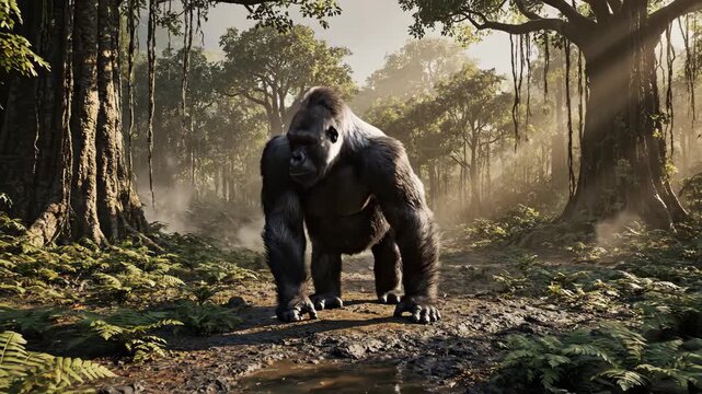 Majestic Silverback Gorilla Standing Proudly in a Lush, Misty Jungle Environment