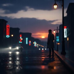 Silhouette of a woman standing on a wet city sidewalk at dusk with streetlights on, against a vibrant sunset background with neon signs and a car driving by.