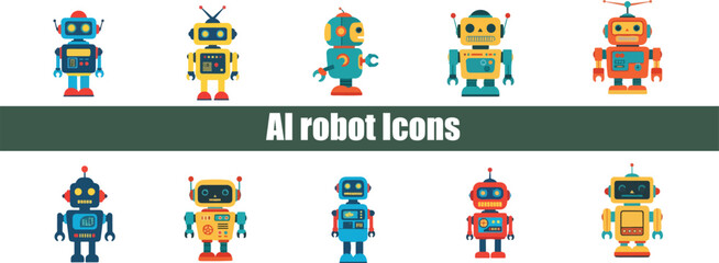 Fototapeta premium Colorful vector illustration set of retro AI robot icons featuring cute artificial intelligence machine characters