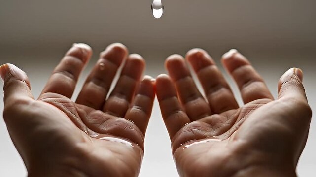 Close-up macro shot of water droplets slowly falling from hands during ablution