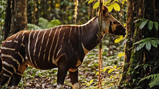 Okapi grazing amidst lush green foliage and dappled sunlight in a dense forest setting