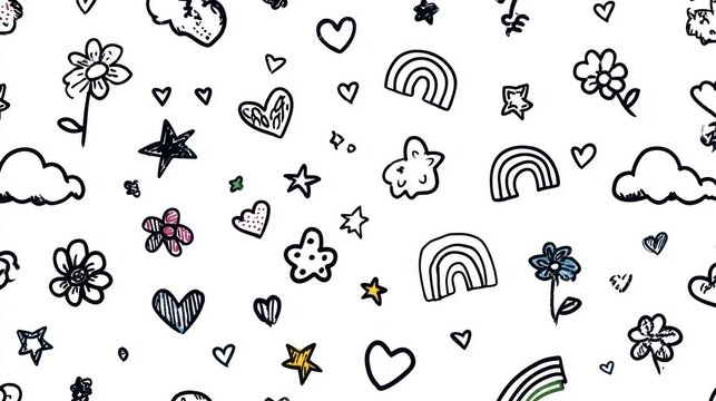 Childlike Doodle Pattern with Hearts Flowers Rainbows Clouds and Stars on White Background Whimsical Design Ideal for Wallpaper or Textile Prints