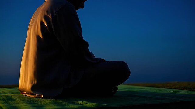 Side silhouette of modestly dressed person sitting calmly on green prayer mat after sunset