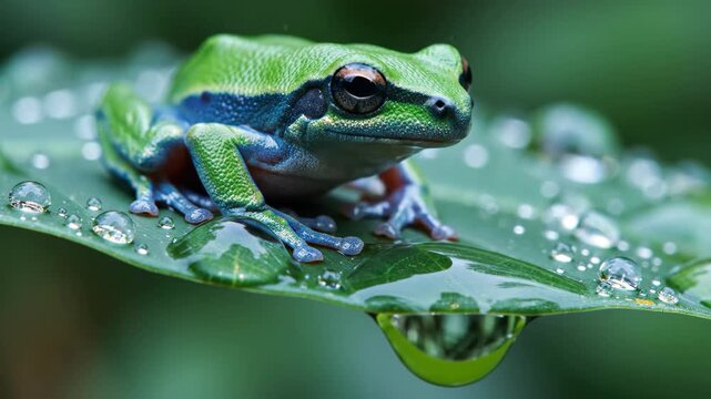 Small green tree frog with blue accents sits on a wet leaf covered in water droplets
