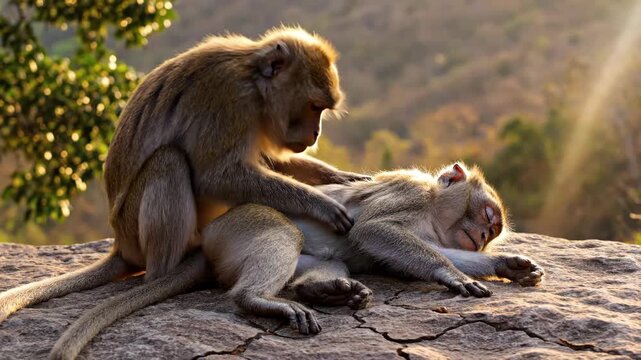 Two macaques grooming each other on a sun-drenched rock, showcasing natural primate social behavior