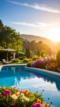A serene backyard pool surrounded by vibrant flowers