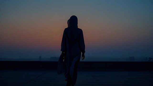Wide cinematic shot of modestly dressed person standing quietly on rooftop at sunset