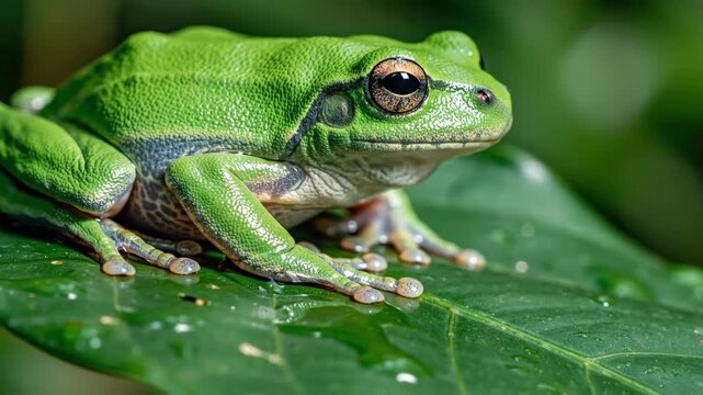 Vibrant Green Tree Frog Resting on a Dew-Kissed Leaf in Natural Sunlight