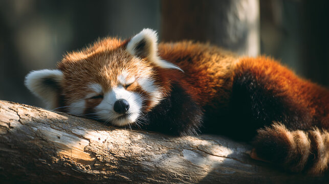 Cute red panda sleeping peacefully on a fallen tree trunk in the sunlight