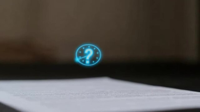 Mysterious glowing blue question mark stamp.