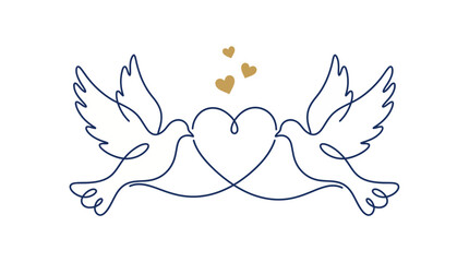 Elegant continuous line drawing of two flying doves with a central heart shape and golden hearts on white background, concept for wedding invitation, romantic valentine card and spiritual peace symbol