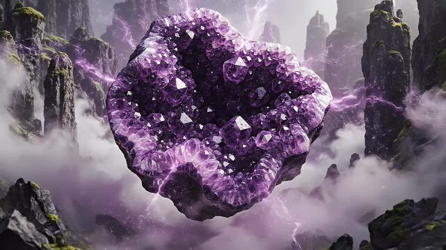 A large purple amethyst geode floats with lightning
