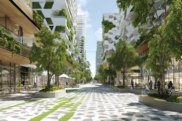A pedestrian-friendly future city streetscape with modern architecture and abundant greenery.