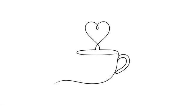 Animated coffee mug with heart continuous line drawing. 