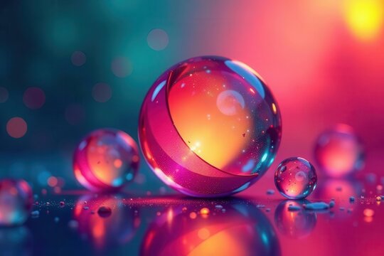 Abstract spheres of vibrant color, reflecting light and creating a mesmerizing visual spectacle of glowing orbs and shiny surfaces