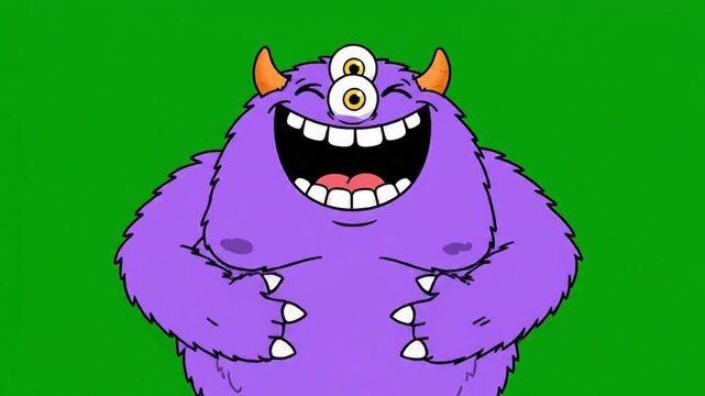 A cartoon-style monster with three eyes, horns, and purple fur laughs with a wide open mouth, on a green background