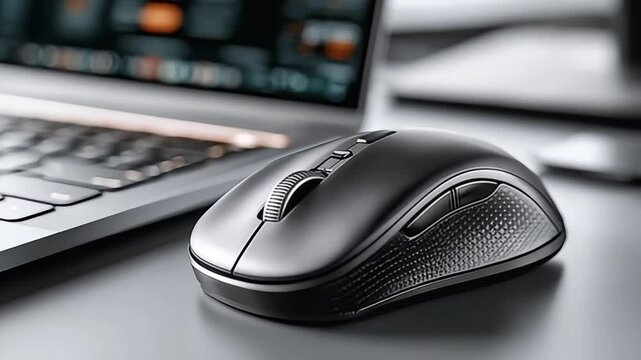 A sleek, modern workspace featuring a wireless mouse and laptop, ideal for concepts like remote work, digital productivity, and tech-focused marketing