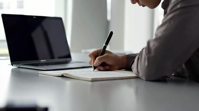 Quiet workspace scene person writing notes at laptop in soft ambient light focused environment gentle camera movement