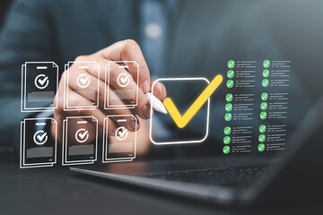 Online document validation and quality assessment management concept with businessman reviewing...