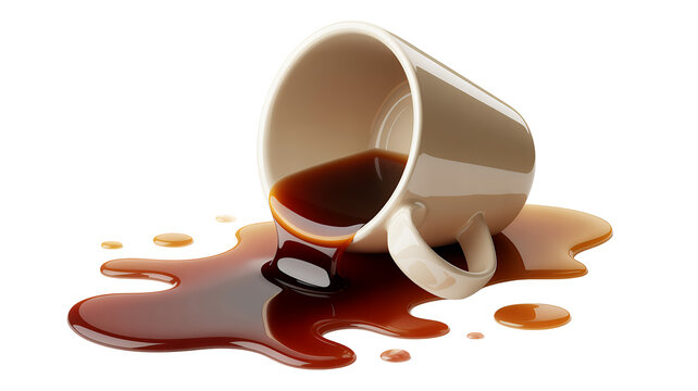 Beige coffee cup with brown liquid spilling on white background isolated on a transparent background