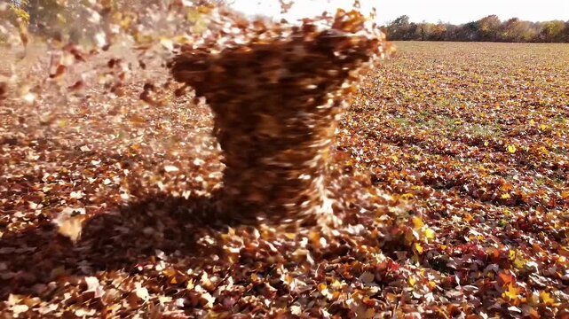 Autumn leaves swirling in a powerful gust of wind