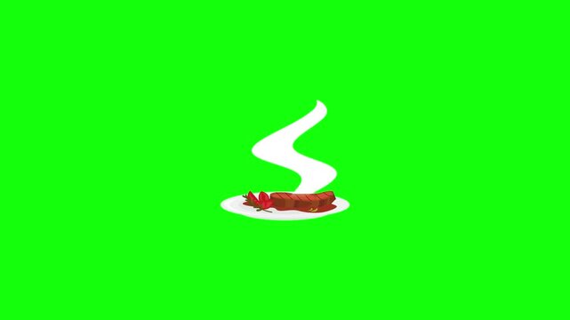 Looping 2D animation of a cartoon grilled steak on a white plate &mdash; juicy brown meat with grill marks, garnished with red herbs and green sprig, centered on bright green chroma key background.