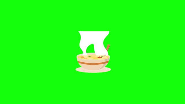Looping 2D animation of a cartoon soup bowl &mdash; creamy yellow broth with floating veggies (carrot, green peas, red bean), white steam rising centered on bright green chroma key background.