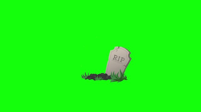 Looping 2D animation of a spooky blue zombie hand emerging from dark soil next to a cracked &lsquo;RIP&rsquo; tombstone &mdash; fingers twitching and slowly pointing centered on bright green chroma key background.