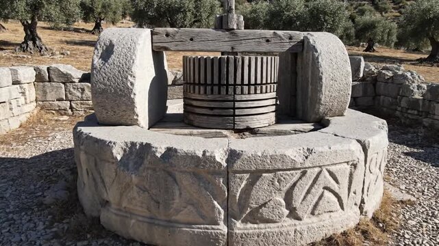Ancient stone and wood olive press at archaeological site