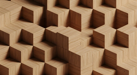 Seamless wooden cube 3D background, geometric pattern, natural wood texture