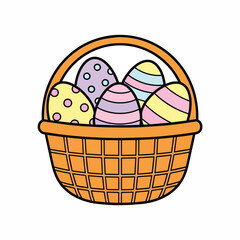 A Woven Basket Filled With Colorful Decorated Easter Eggs on a White Background