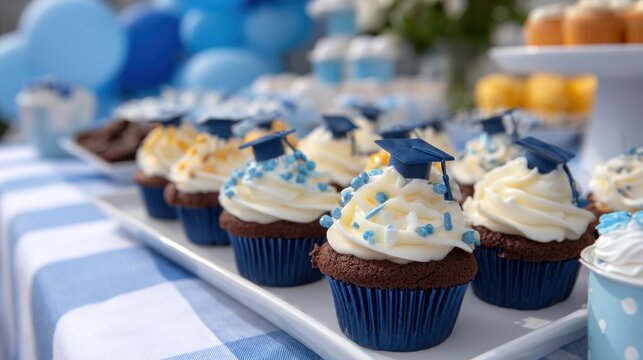 Decorative graduation cupcakes with tiny blue caps and white frosting sprinkles