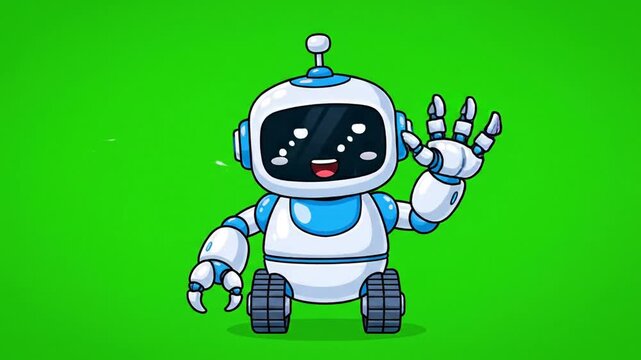 A cartoon-style robot with a blue and white color scheme waves hello against a bright green background. The robot has a friendly, smiling expression and uses wheels