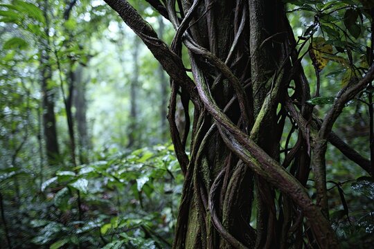 Entangled Vines Climbing a Tree Trunk in a Dense Tropical Rainforest Environment