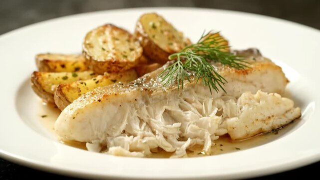 Delicious baked white fish fillet served with golden roasted potato wedges, seasoned with herbs and topped with fresh dill on a white plate, ready for fine dining.