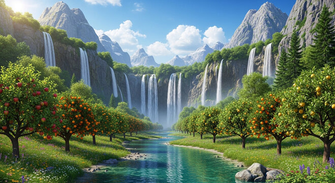 Beautiful Colorful spring valley landscape with flowing river, majestic waterfalls, blooming flowers and mountain scenery creating peaceful magical nature environment