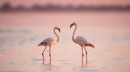 Obraz premium Two elegant greater flamingos stand gracefully in shallow tranquil water during a soft rosy sunset hour