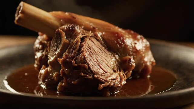 Close up of gourmet braised meat shank served on a dark plate with rich gravy, hot and steaming, representing fine dining and savory cuisine.