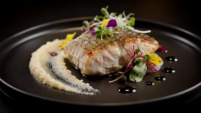 Exquisite pan-seared white fish fillet served with creamy puree, microgreens, and edible flowers on a modern black plate in a fine dining setting.