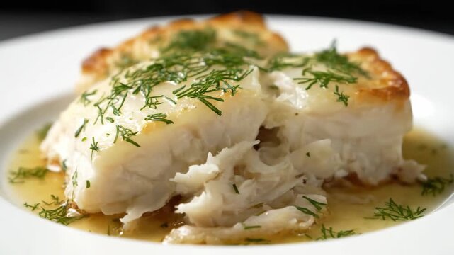 Close-up of baked or pan-seared white fish fillet (such as cod or halibut) served in a savory butter sauce, topped with fresh dill on a fine dining plate.