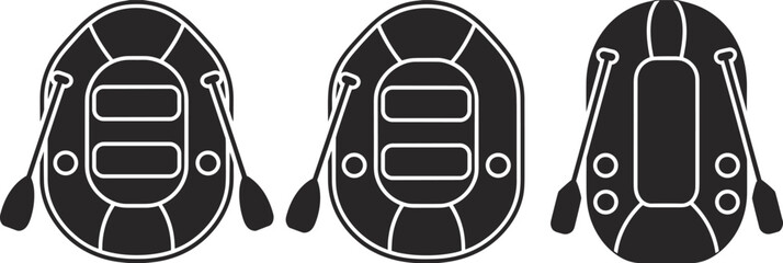 Inflatable rubber boat top view silhouettes with paddles isolated on light background, rafting and water sport raft icon set for outdoor adventure design © MDSakil