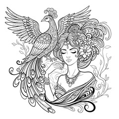 Fototapeta premium Elegant Woman with Peacock and Flowers in Hair, Intricate Line Art