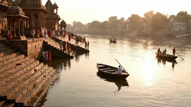 Boats float on the serene river beside an ancient temple at sunrise from a distant viewpoint