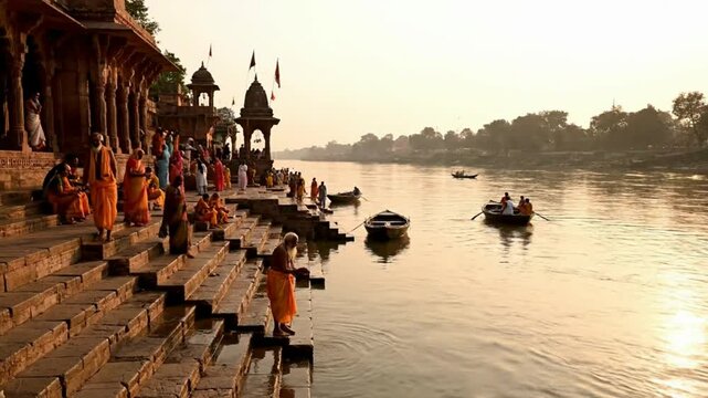 Monks gathered at the ghats of a serene river at sunrise, with boats drifting gently by