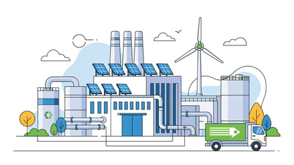 Naklejka premium Clean energy industrial plant features solar panels and a wind turbine with a green delivery truck in front against a soft blue background.
