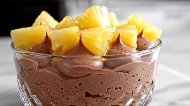 Delicious chocolate mousse with fresh pineapple chunks in a glass