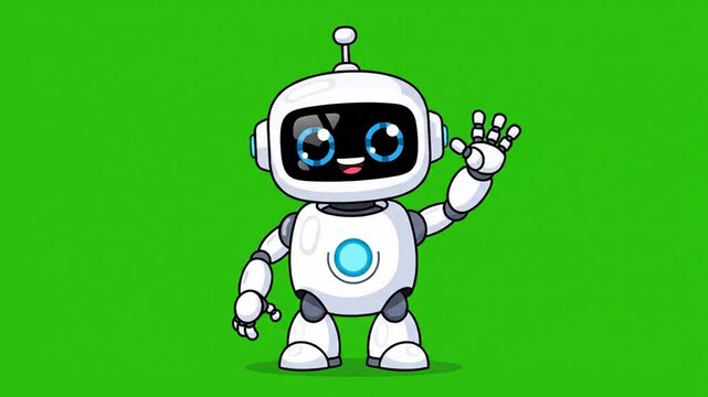 A cartoon-style robot with a white body, black screen face and antenna, on a bright green background waving hello