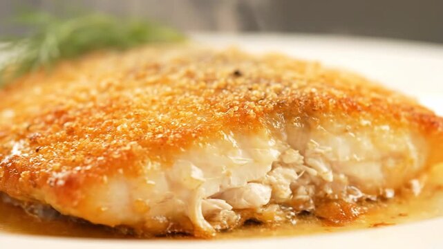 Macro close-up shot of crispy pan-fried fish fillet with a golden breadcrumb crust, served in a rich glaze and garnished with fresh dill.