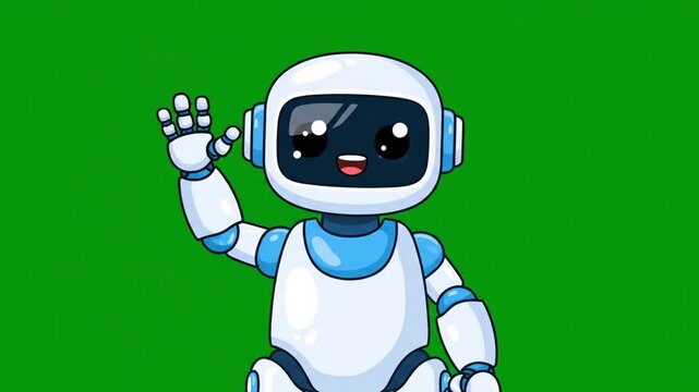 A cartoon-style robot with a white body, blue accents, and a smiling face. It's waving on a green background. It evokes a friendly, technological design